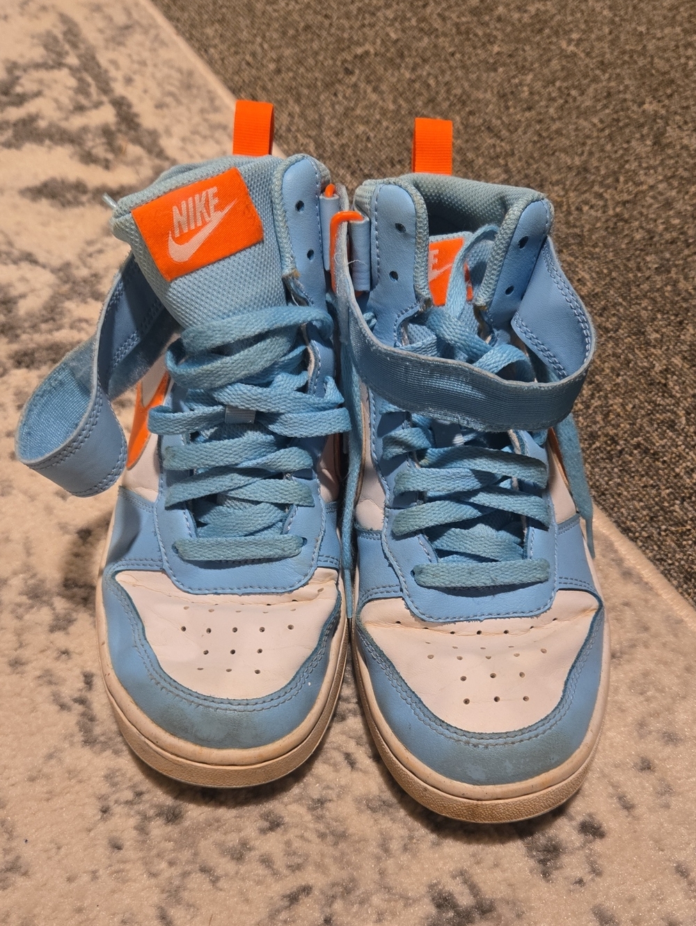 Nike Kids Light Blue and White High-Top Sneakers with Orange Accents